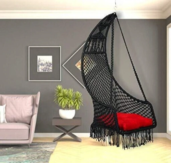 CURIO CENTER Make in India Leisure Half Moon Shape Nylon Swing with Cushion/Hammock Swing Chair-Iron Frame, Swing for Indoor/Outdoor/Nylon Rope Swing/Free Hanging Accessories(36 x 27 x 53 In, Black) - Free Size, Black,  Nylon  Rope With Iron  Rode,  Pack of1, Half Moon Shape